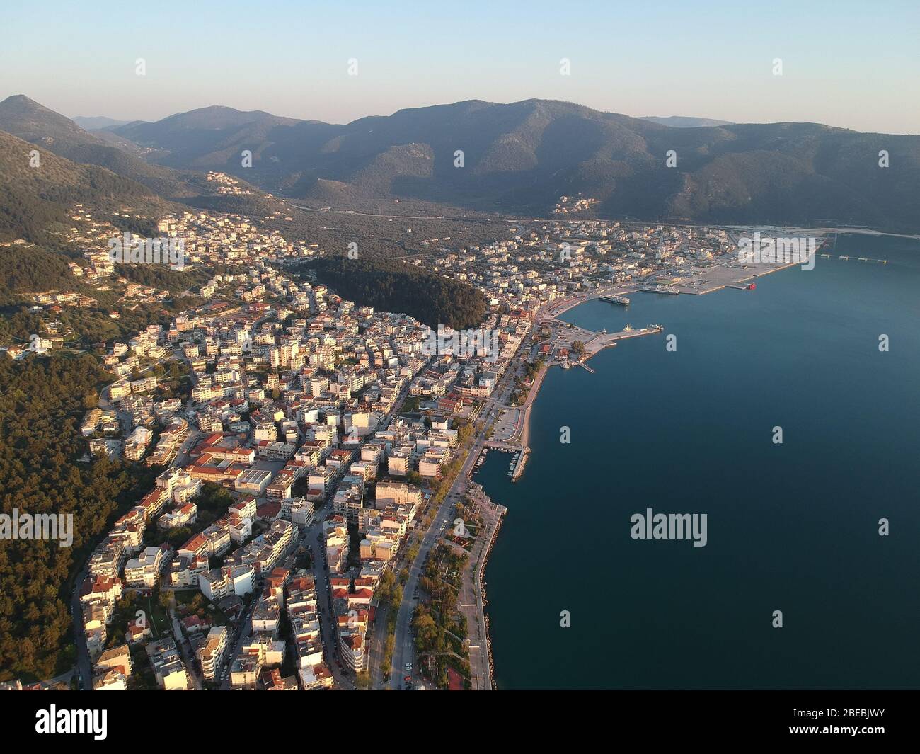 Aerial view of igoumenitsa city in thesprotia Epirus Greece, port of igoumenitsa ferryboat to island of Corfu and ships to italy Stock Photo