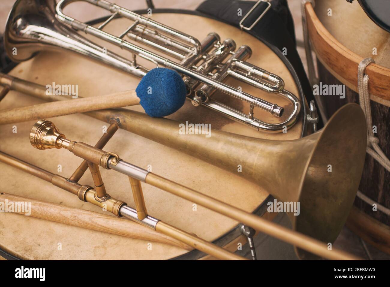 Trumpet, trombone and Bass drum. Samba intruments Stock Photo Alamy