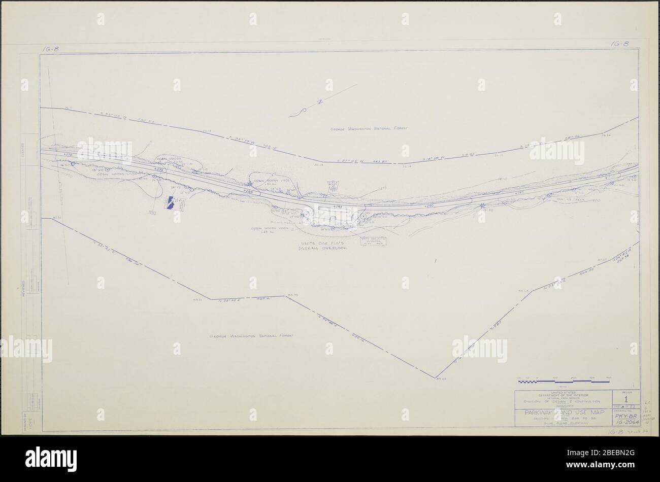 'Blue Ridge Parkway, Region 1 Sheet 8; A map of the Blue Ridge Parkway with details about the nearby trees, shrubbery, and seedlings. Includes the George Washington National Forest and White Oak Flats Parking Overlook. Drawing No. 1G-8. Scale 1=100'.; ' Stock Photo