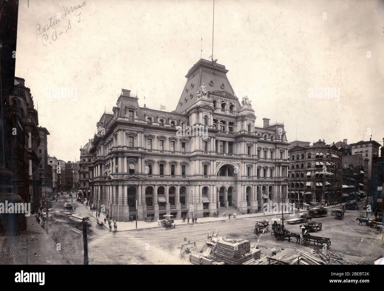 'U.S. Post Office and Subtreasury (n.d., ca. 1885), Boston,  Completed in 1885. Supervising Architect: Alfred B. Mullett The U.S. District Court for the District of Massachusetts met here from 1883, prior to completion, until 1929; the U.S. Circuit Court for the District of Massachusetts met here from 1883, prior to completion, until that court was abolished in 1912.  Razed in 1929.; circa 1885 date QS:P,+1885-00-00T00:00:00Z/9,P1480,Q5727902; National Archives, RG 121-C, Box 15, Folder A, Print 2; Unknown author; ' Stock Photo