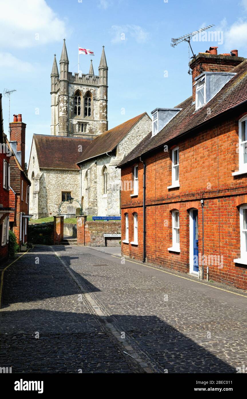 Lower Church Lane and St.Andrews parish church, Farnham Surrey England UK Stock Photo