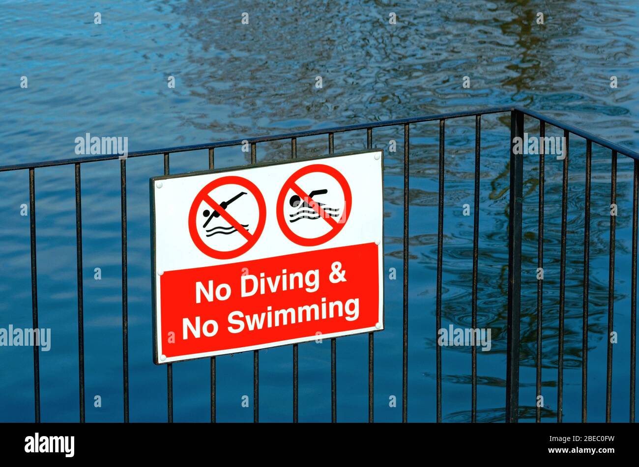 A sign attached to a fence indicating 'No Swimming' 'No Diving' by a lakeside Stock Photo