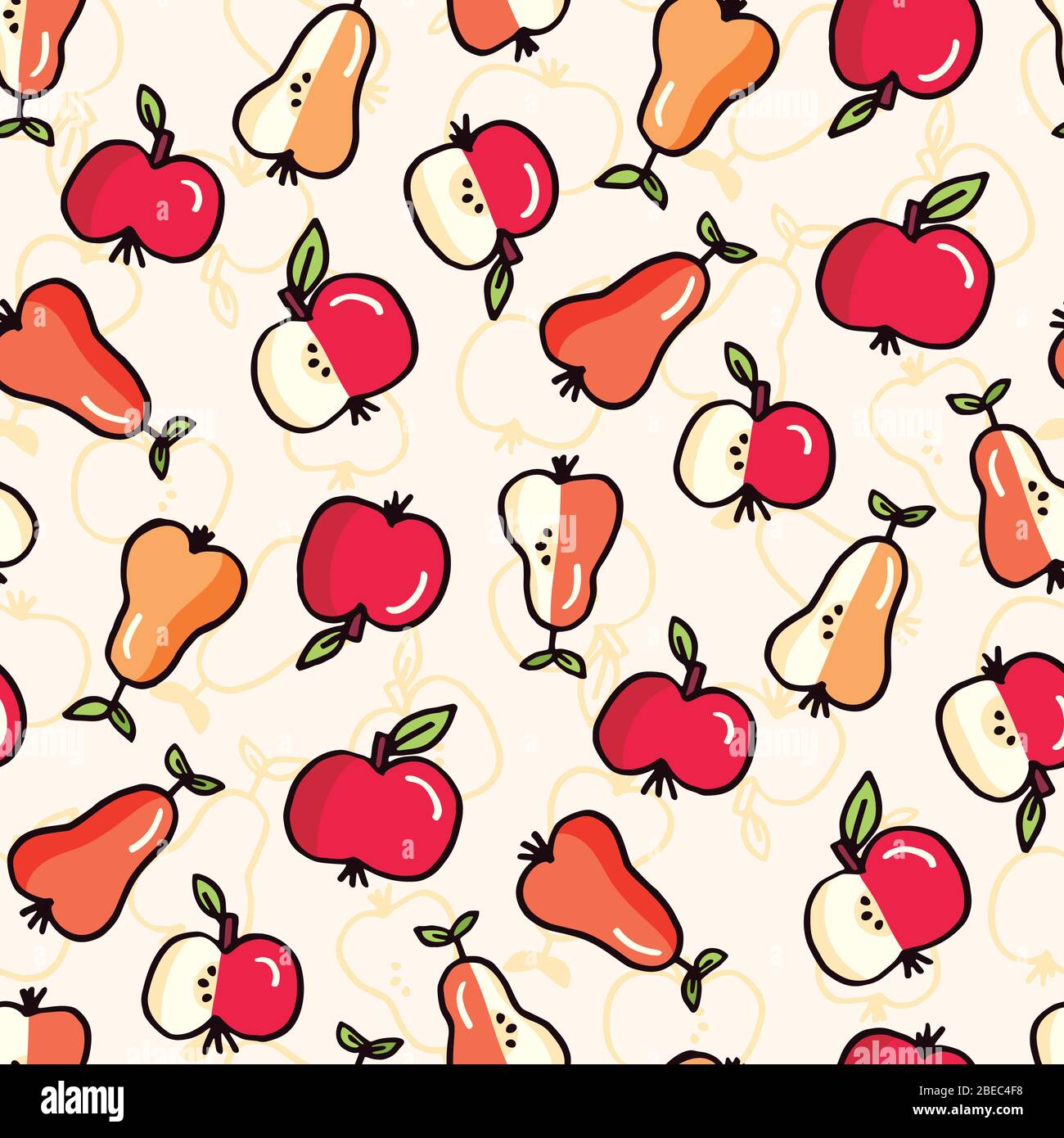 Cute Felt Tip Pen Apple and Pears Fruits Vector Seamless Pattern Stock Vector