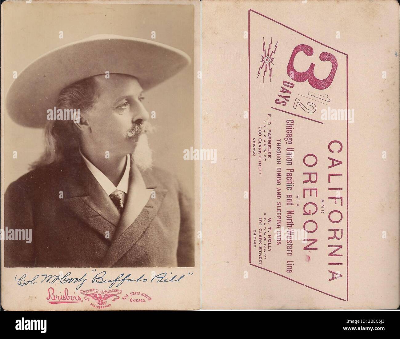 'Photo of Buffalo Bill Cody promoting the Overland Limited.  This appears to be a cabinet card and also appears to be an original signature of Cody.  The back of the card promotes the Overland Limited, though the train's name is not mentioned.  It is not known how Cody became associated with the two railroads jointly operating the train.; Not dated. Circa 1899 (Union Pacific and Chicago and North Western become partners in the train route) to 1917 (death of Cody).; eBay item photo front  photo back; Photographer-Brisbois, Chicago.; ' Stock Photo