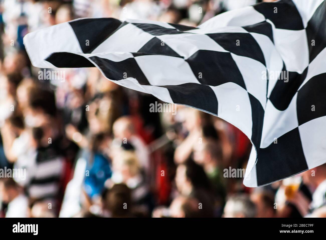Black And White Checkered Flag. Black And White Checkered Flag. Starter's black and white checkered flag used by Hull FC rugby league fans at Wembley Stock Photo
