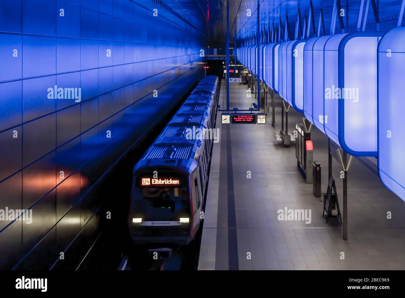 Blue lights illuminate the HafenCity Universität U-Bahn subway station in Hamburg, Germany. Stock Photo