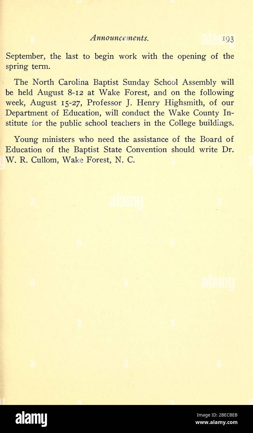 'Bulletin of Wake Forest College [1910-1911]; 1910; 1911; ' Stock Photo
