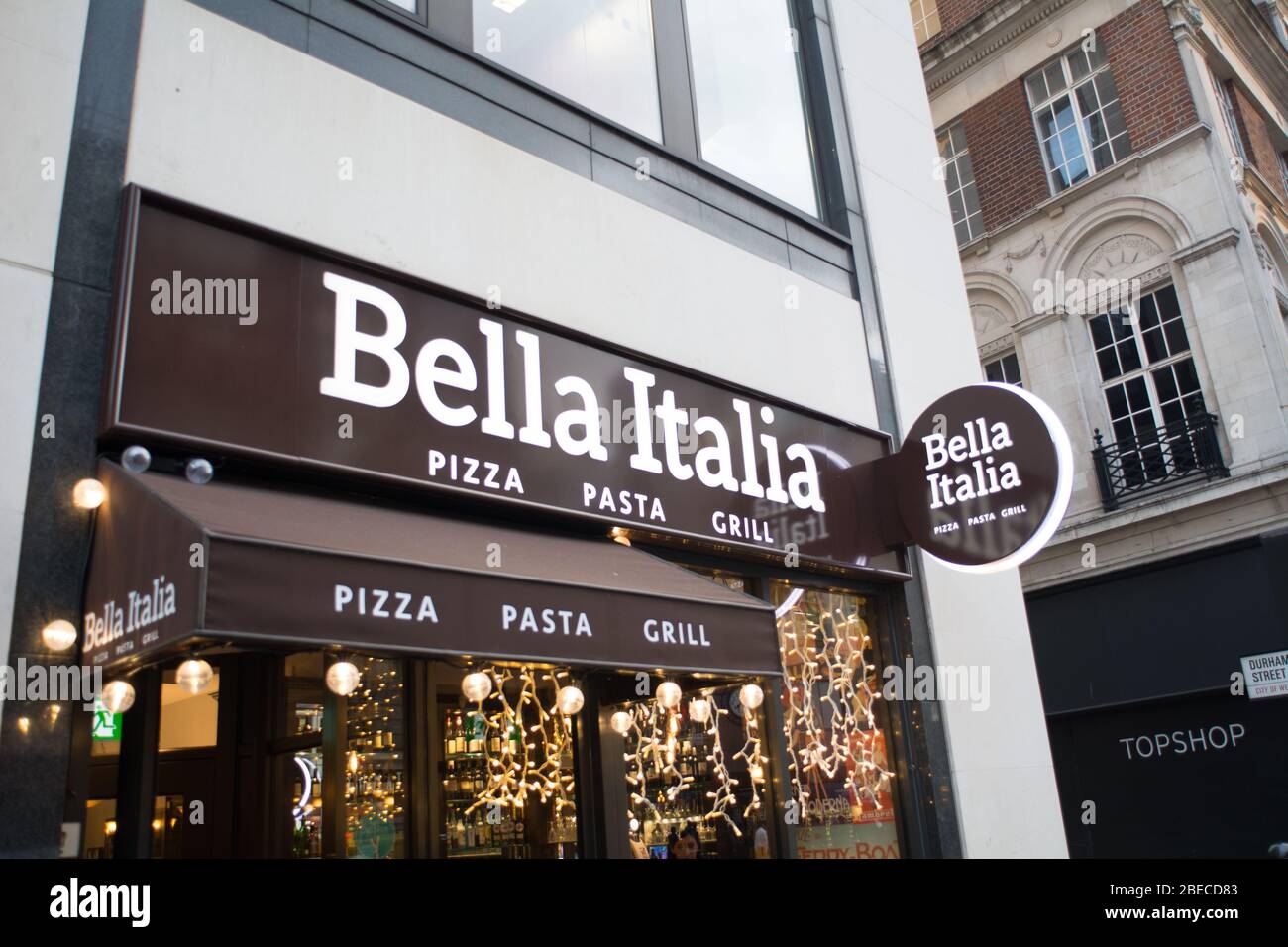 LONDON- MARCH, 2019: Bella Italia exterior logo, A British chain of Italian restaurants Stock Photo