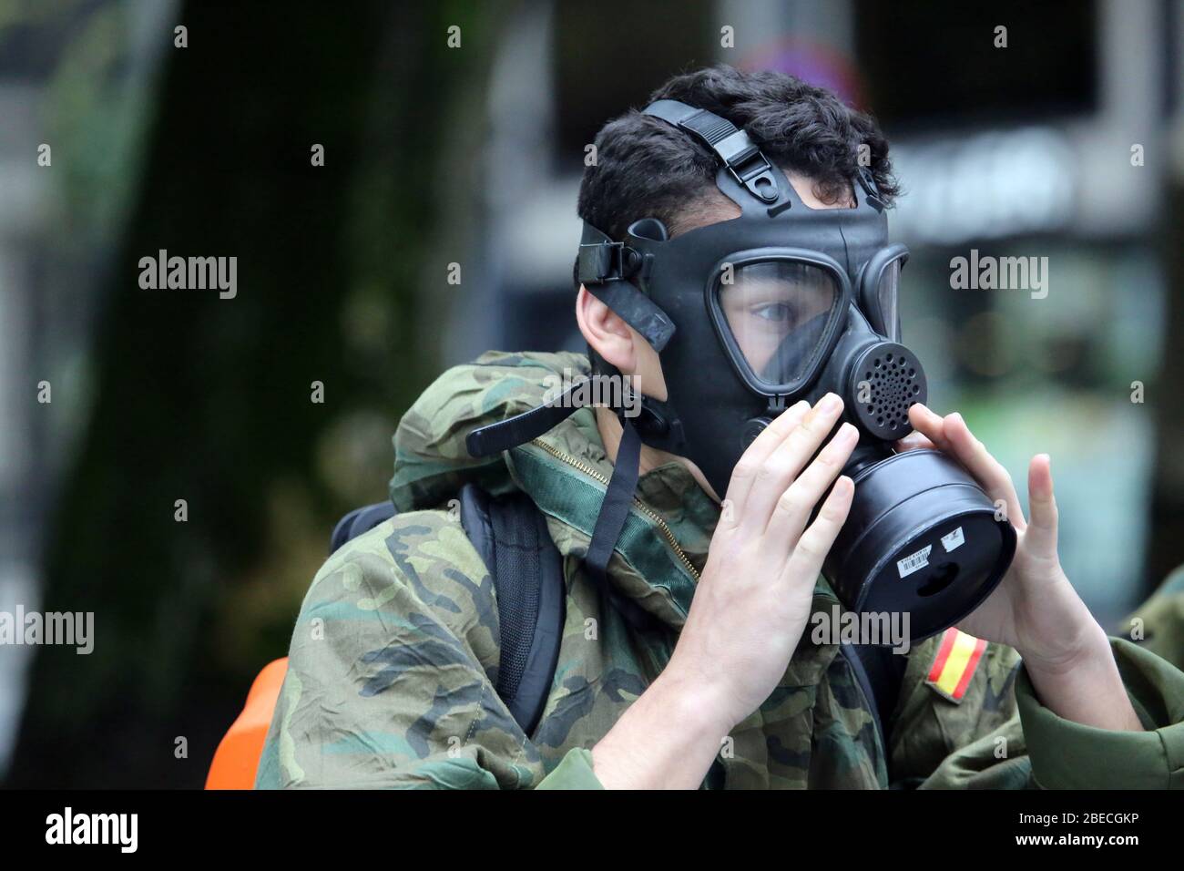 Oviedo, Spain. 12th Apr, 2020. Oviedo, SPAIN: A Spanish Army military man  donning the NBQ mask during the 30th day of the State of Alarm in Spain, in  Oviedo, Spain on April