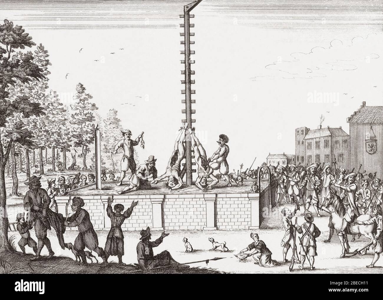 The corpses of Johan and Cornelis de Witt hanging on the gallows at Gevangenpoort in The Hague, Netherlands.  The brothers, republicans, were lynched by supporters of William of Orange on August 20, 1672.  After a 17th century etching by Gaspar Bouttats. Stock Photo