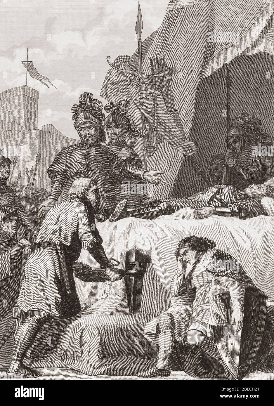 The death of Rodrigo Díaz de Vivar, c. 1043 - 1099.  To the Christians, he was known as El Campeador, or The Champion.  The Muslims knew him as El Cid, The Lord.  From Las Glorias Nacionales, published in Madrid and Barcelona, 1852. Stock Photo