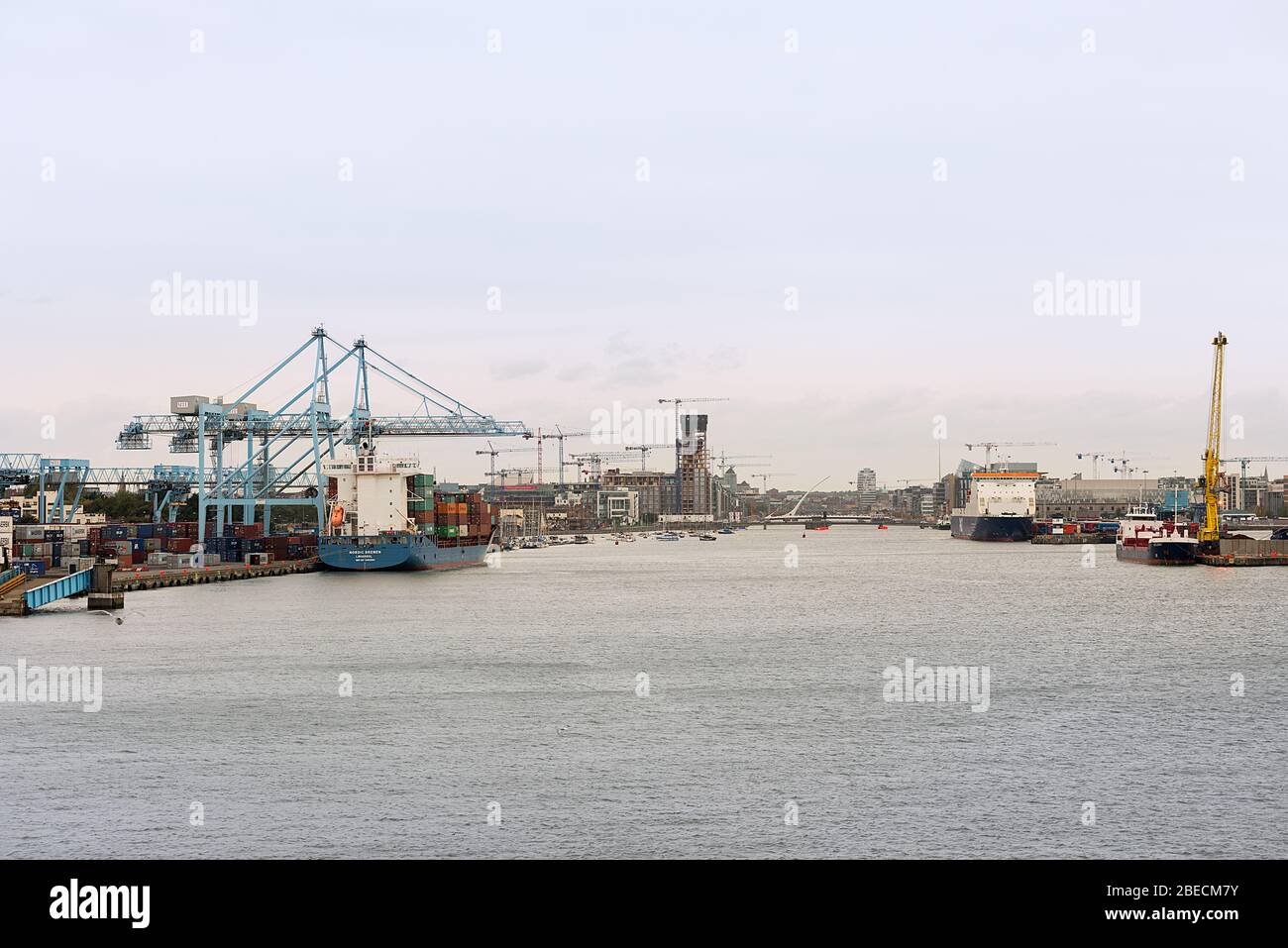 Departing the Dublin port with the city and port in the background. Stock Photo