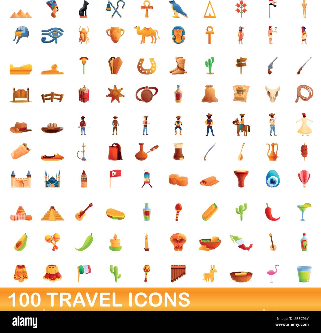 100 travel icons set. Cartoon illustration of 100 travel icons vector set isolated on white background Stock Vector