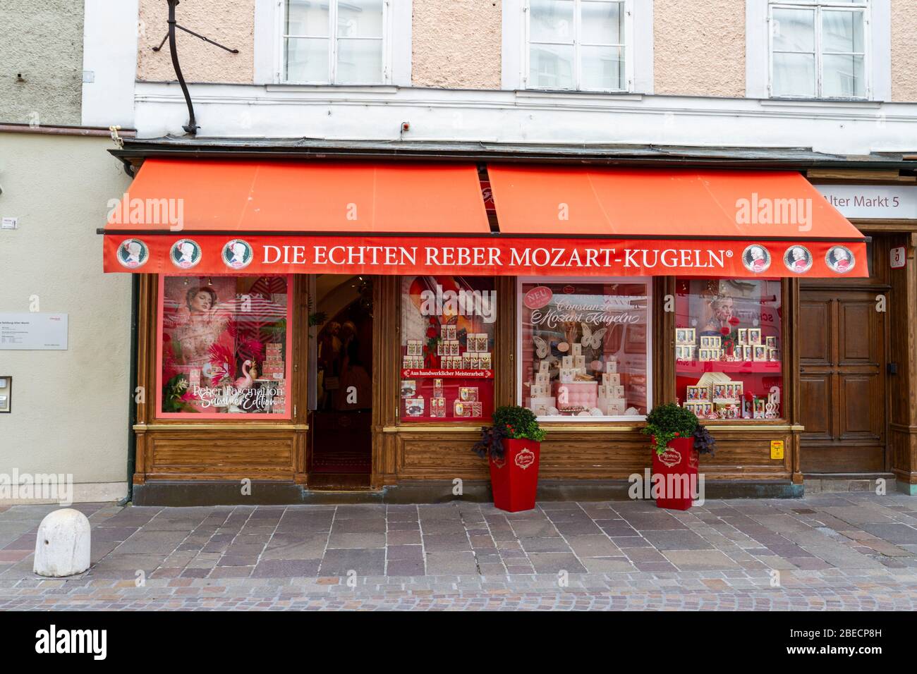 The Constanze Mozart Kugel (original) confectionery store selling Mozartkugel (Mozart ball), Salzburg, Austria. Stock Photo