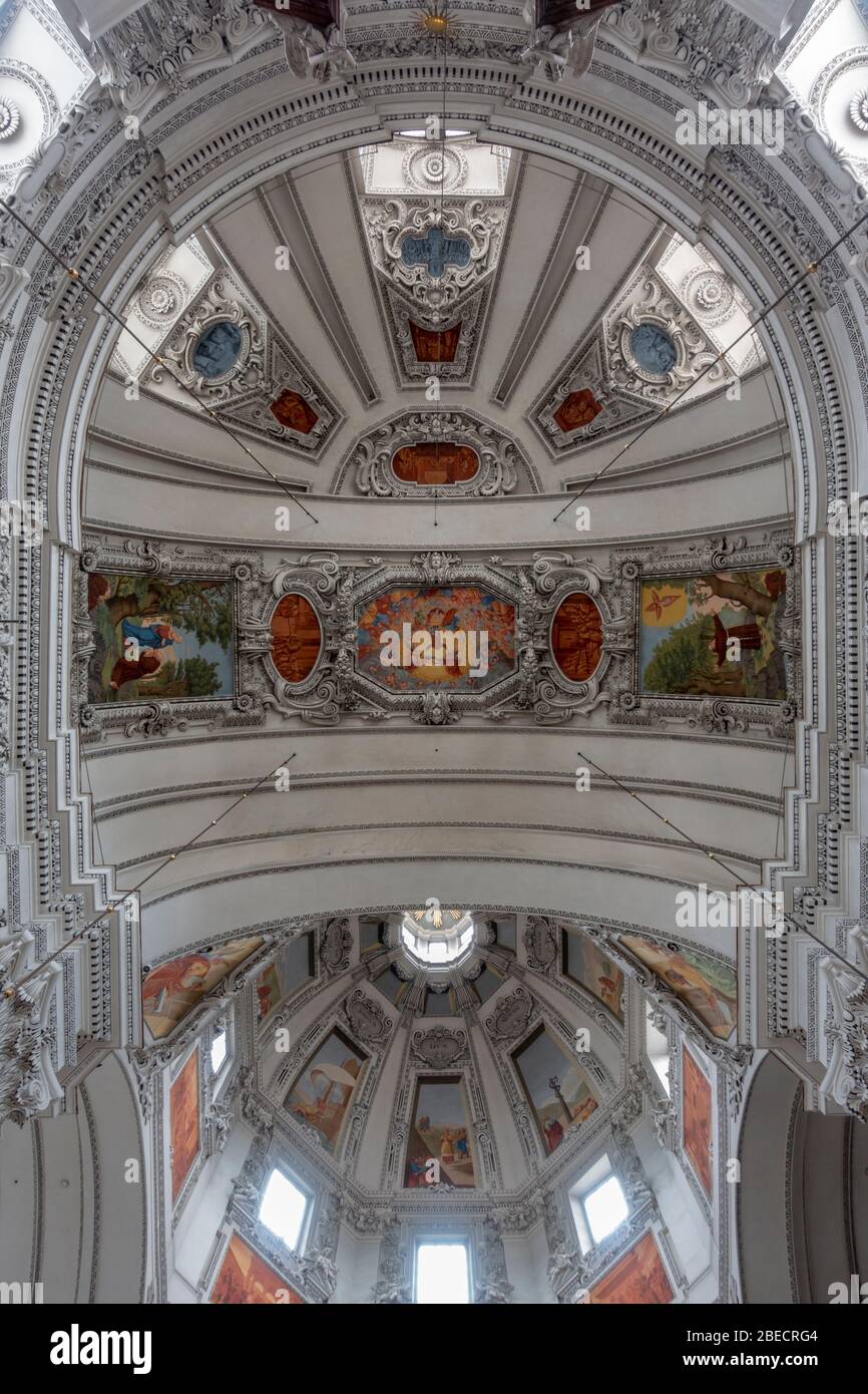 View looking straight up at the stunning ceiling of the main nave and dome inside Salzburg Cathedral (Dom zu Salzburg), Salzburg, Austria. Stock Photo