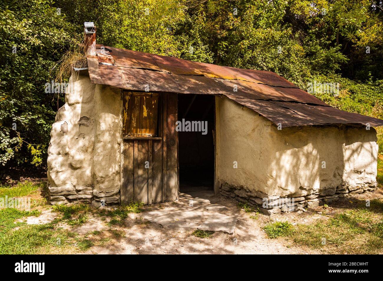 Basic huts where Chinese miners lived during the gold mining era. Arrowtown, South Island, New Zealand. Stock Photo