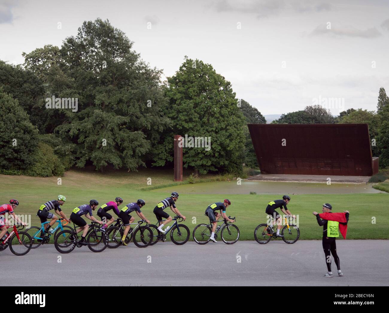 Cyclists caught in action whilst competing in a Criterium Race at Crystal Palace Park. Stock Photo