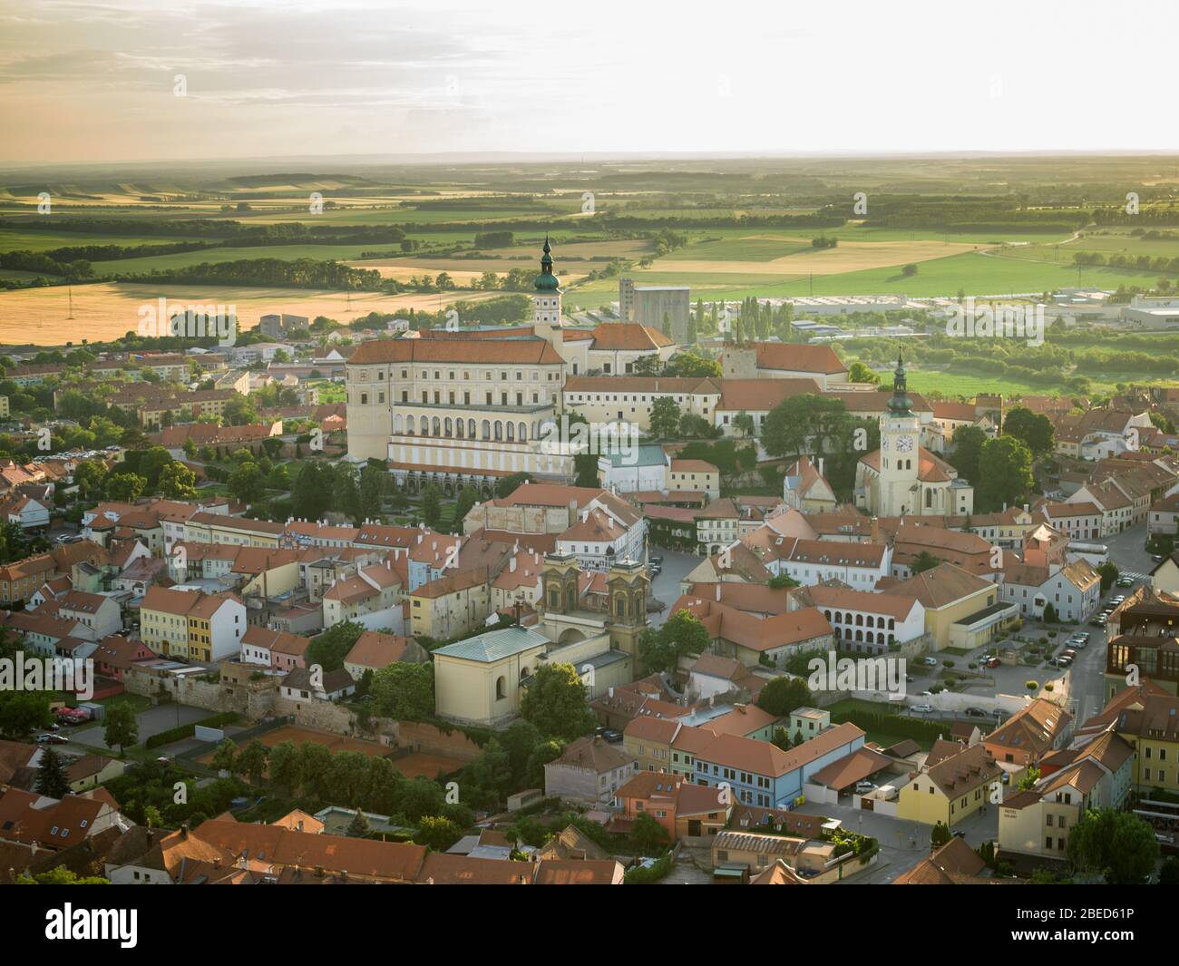 Overlooking beautiful Mikulov castle, Chateau from Saint Hill while sunset. Wine region. South Moravia, Czech Republic Stock Photo