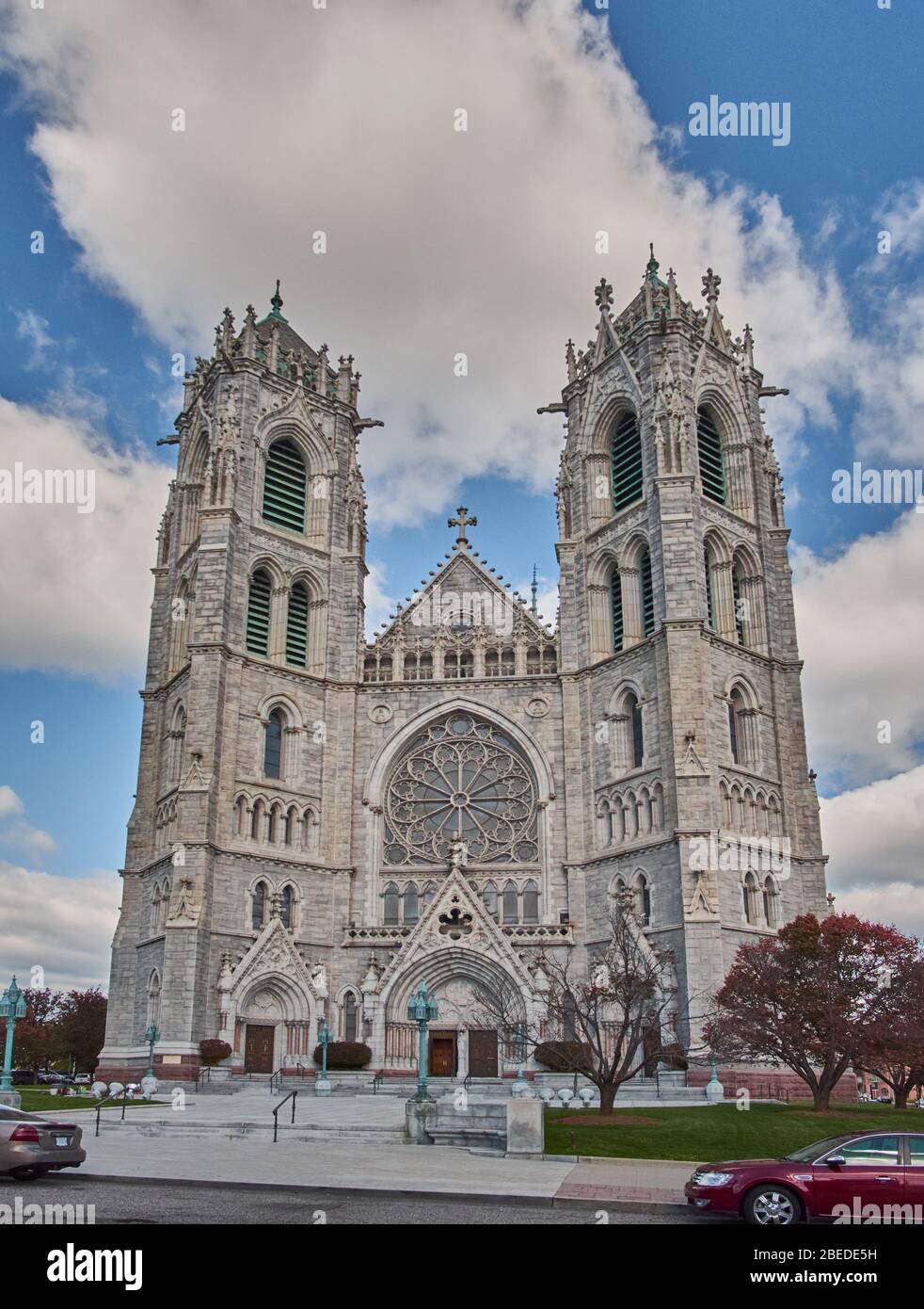 Exterior view of the Cathedral Basilica of the Sacred Heart cathedral in Newark New Jersey, USA. Photo taken in Autumn. Stock Photo