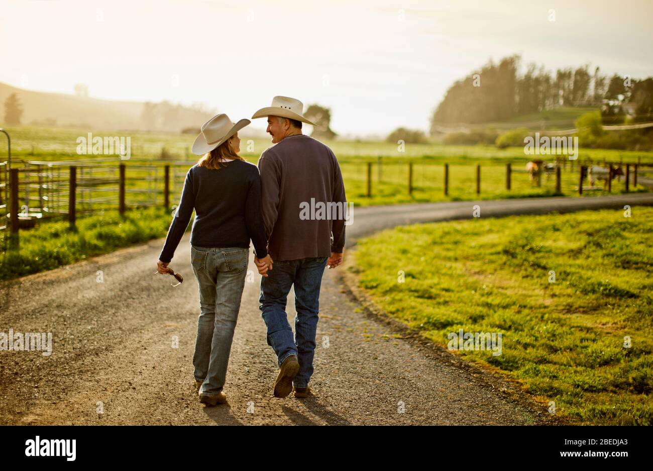 Happy mid adult couple smiling at one another while walking on a farm. Stock Photo