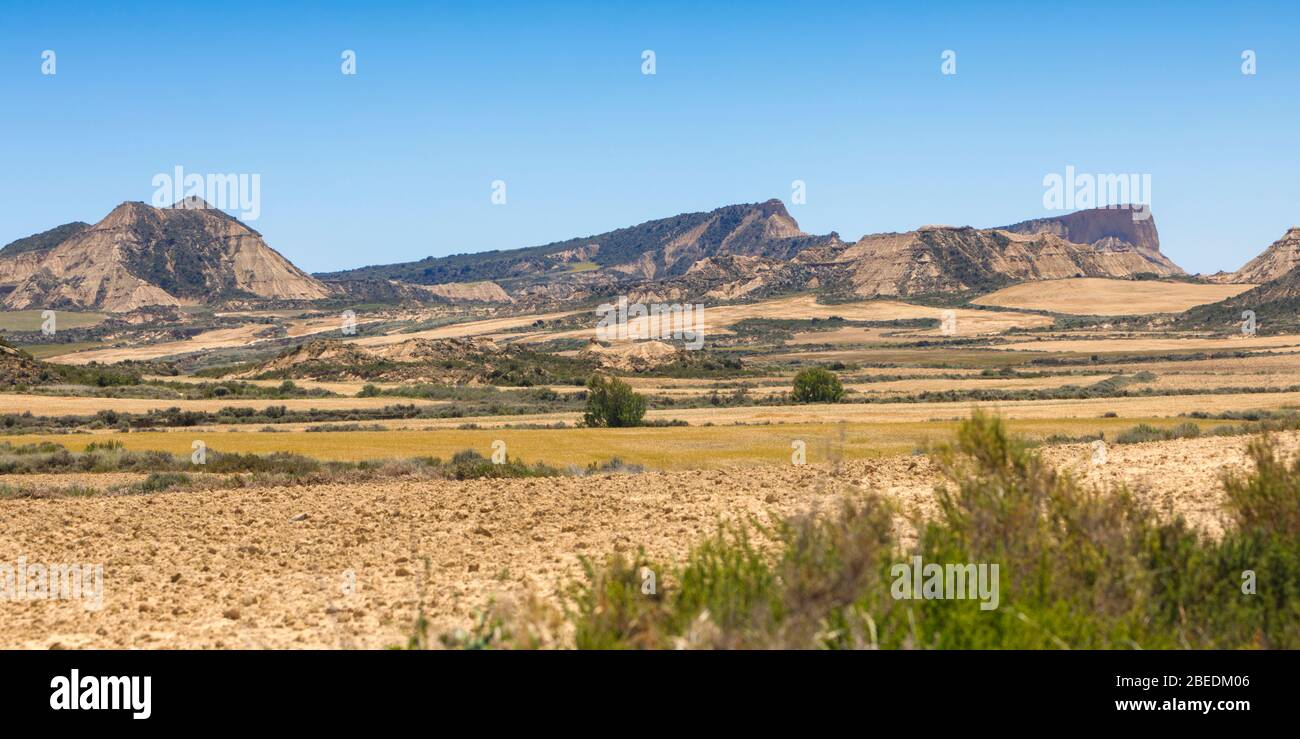 Typical landscape in Bardenas Reales de Navarra, Pamplona Province, Navarre, Spain.  This protected semi-desert region is a Natural Park and a Biosphe Stock Photo