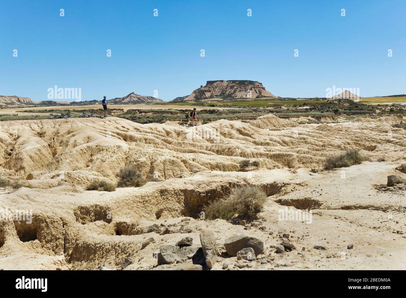 Typical landscape in Bardenas Reales de Navarra, Pamplona Province, Navarre, Spain.  This protected semi-desert region is a Natural Park and a Biosphe Stock Photo