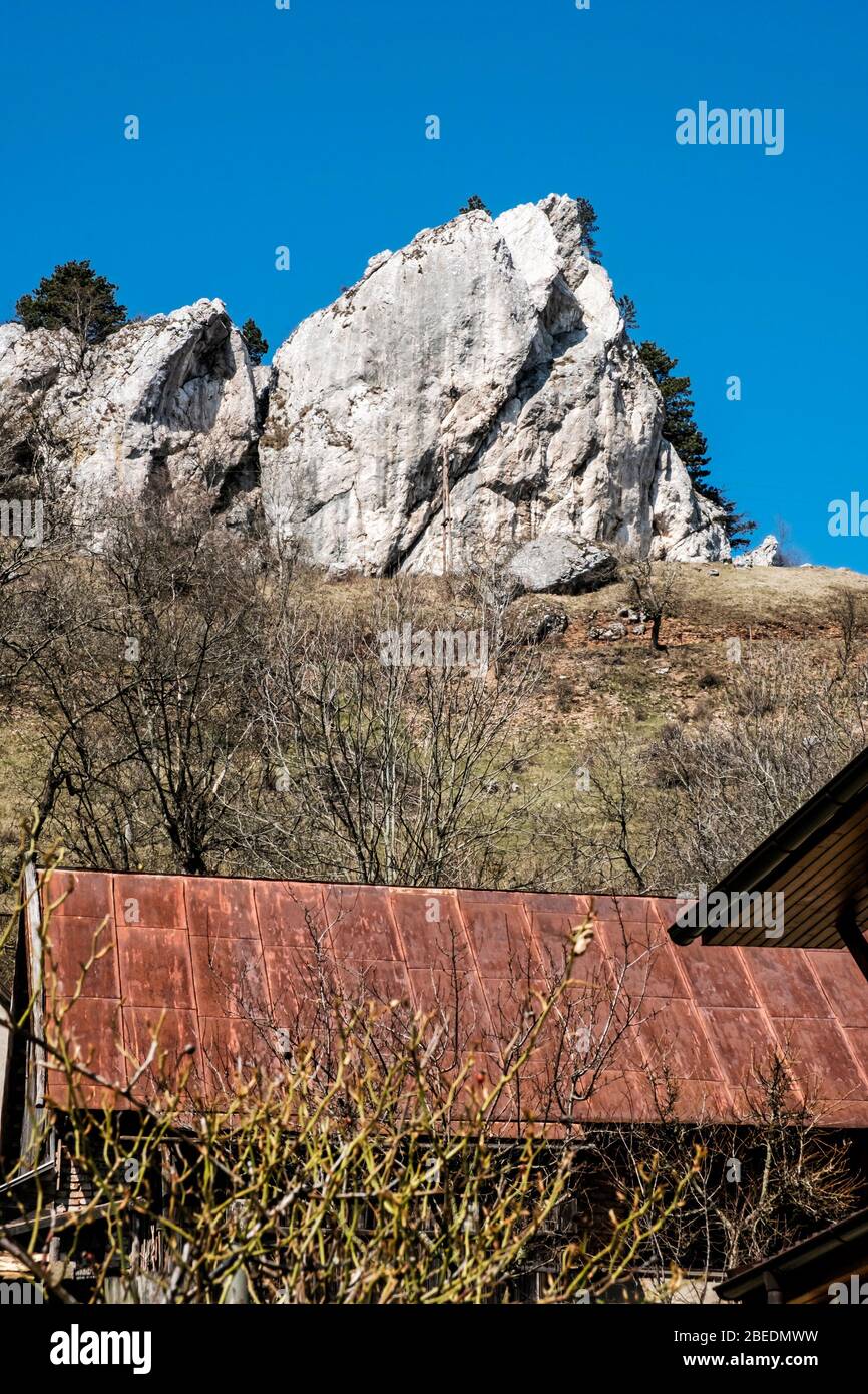 Vrsatske rocks and Vrsatecke Podhradie village, White Carpathian mountains in Slovak republic. Seasonal natural scene. Hiking theme. Stock Photo