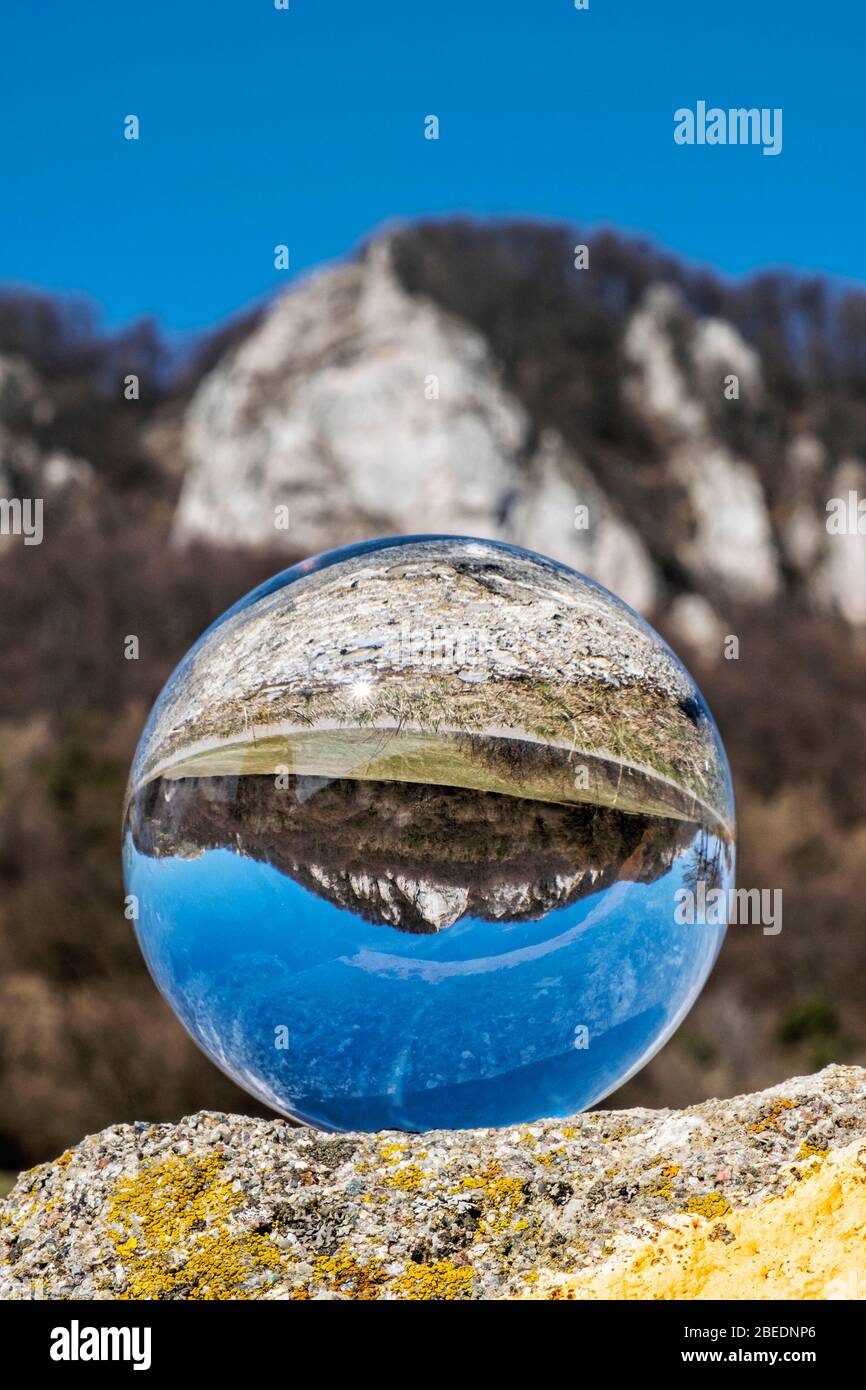 Vrsatske rocks, White Carpathian mountains in Slovak republic. Scene with lens ball. Hiking theme. Stock Photo