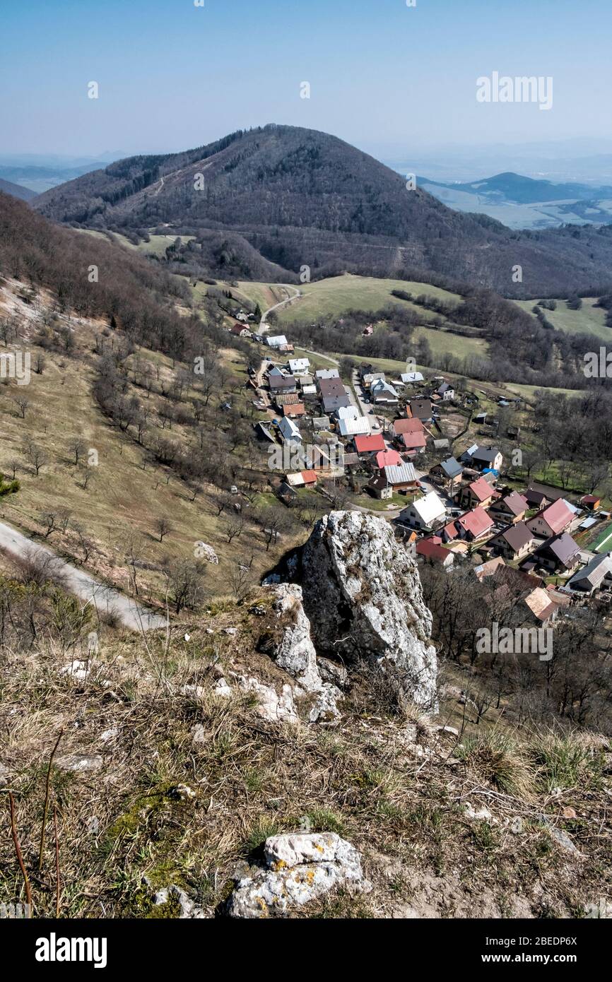 Vrsatske Podhradie village from Vrsatske rocks, White Carpathian mountains in Slovak republic. Travel destination. Stock Photo