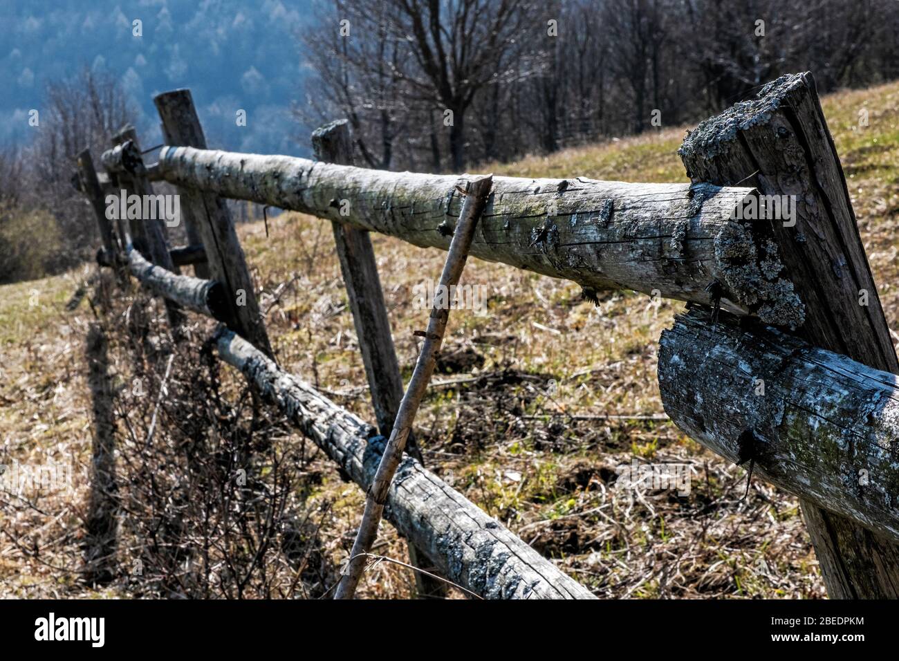 Wooden fence, Vrsatske rocks, White Carpathian mountains, Slovak republic. Hiking theme. Stock Photo
