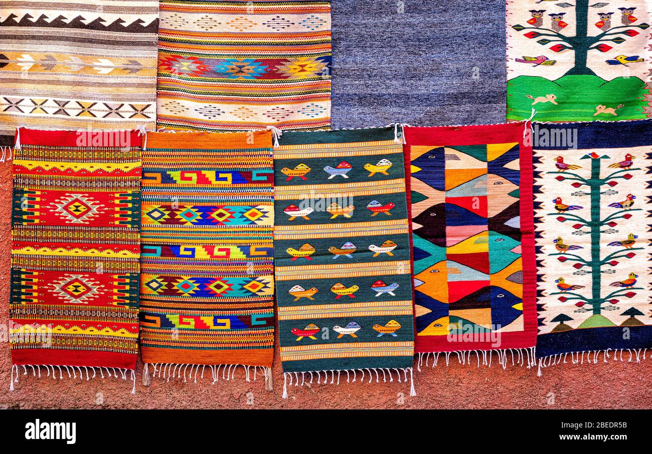 Colorful wool textiles in the San Miguel de Allende market in Mexico. Stock Photo