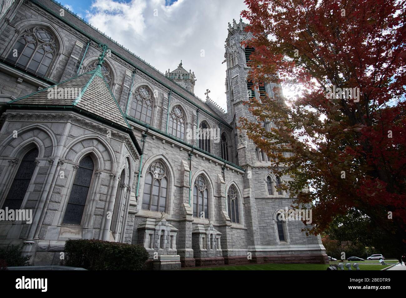 Exterior view of the Cathedral Basilica of the Sacred Heart cathedral in Newark New Jersey, USA. Photo taken in Autumn. Stock Photo