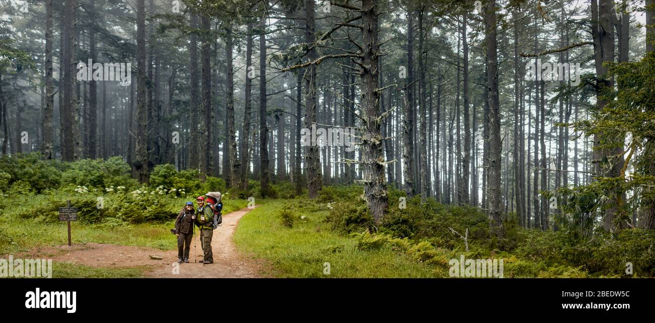 Happy couple hiking on a trail through a forest Stock Photo