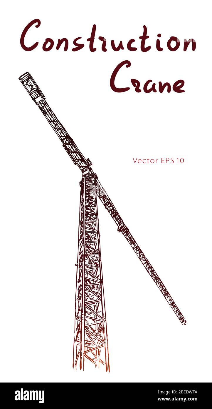 Tower construction crane. Hand drawn vector on white Stock Vector