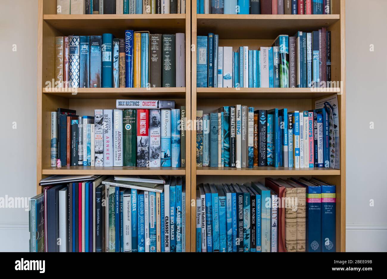 Bookshelves full of books in a home; fiction, non-fiction, history books, dictionaries, hill walking books, UK Stock Photo