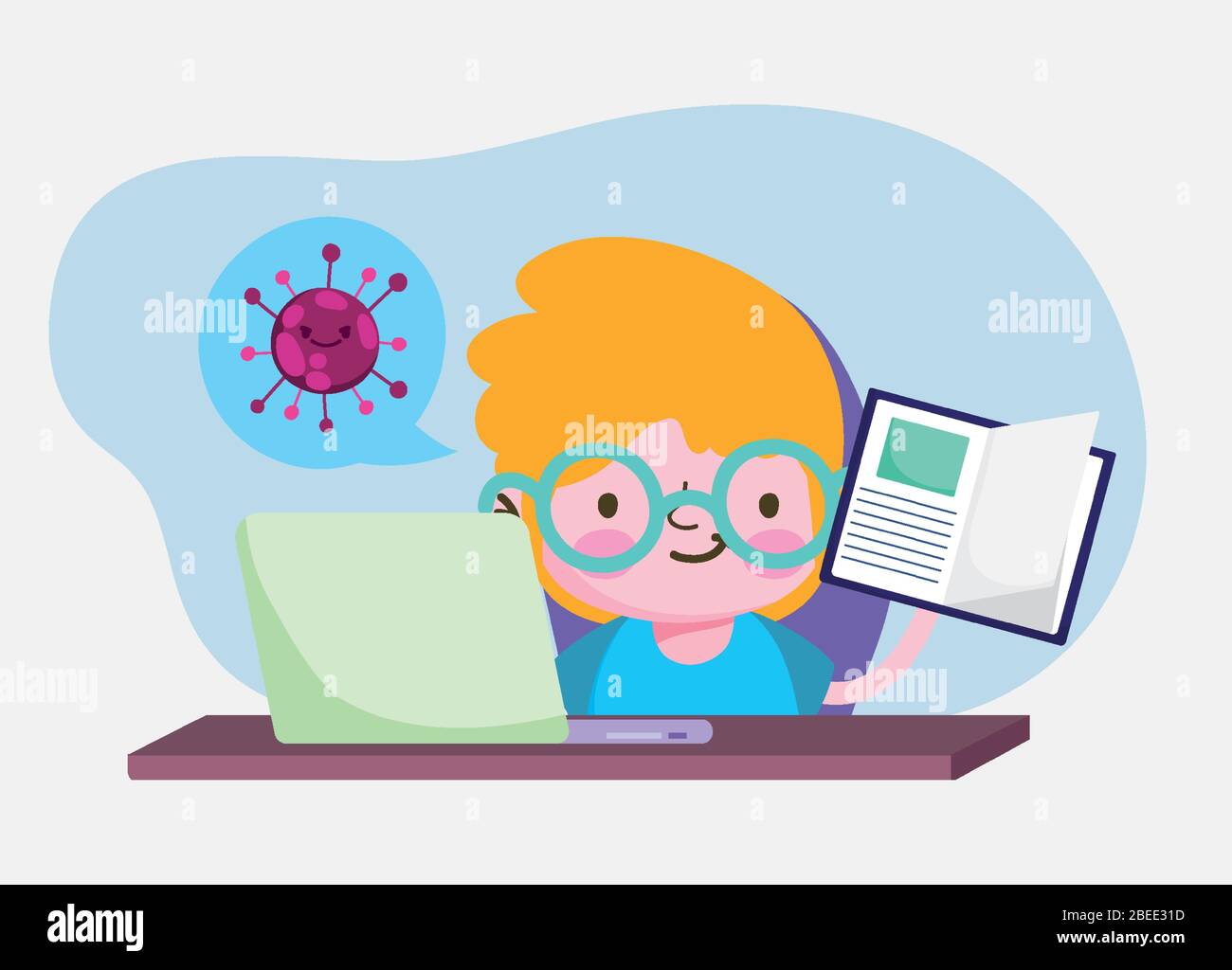 education online, student boy with book and laptop, coronavirus ...