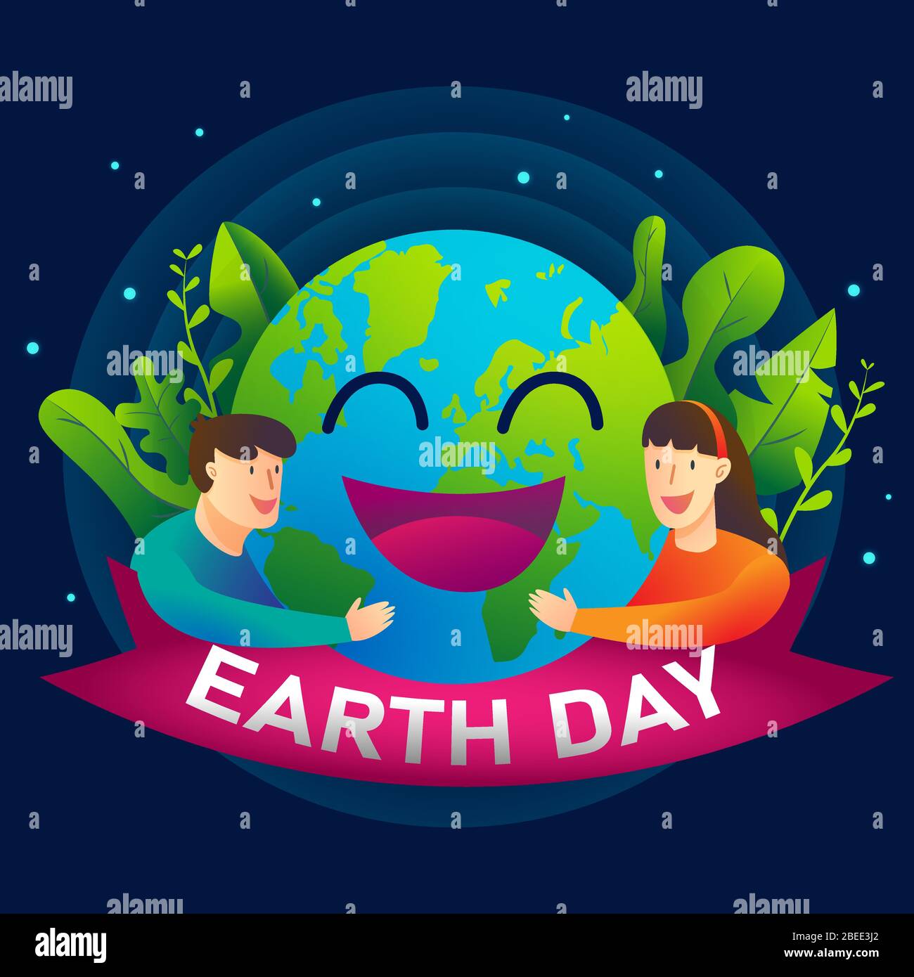 Happy Earth day. Vector human hug the earth illustration with dark background graphic. Use for card, poster, banner, web design Stock Vector