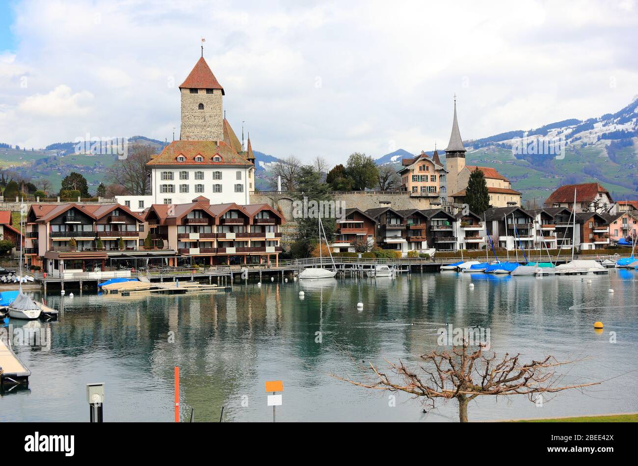 Spiez harbour, Spiez Castle and Lake Thun. The town is located on the southern shore of Lake Thun. Switzerland, Europe. Stock Photo