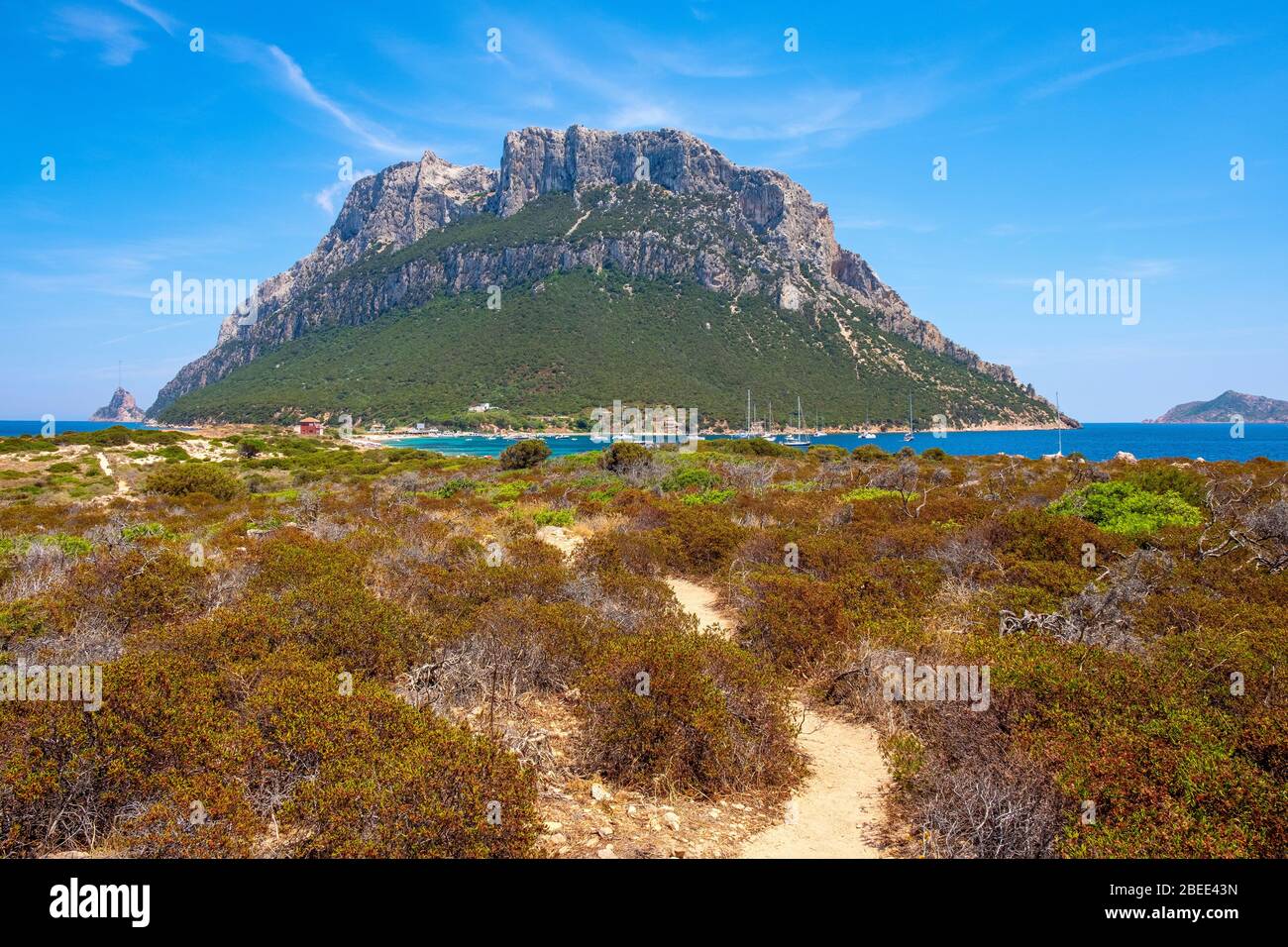 Tavolara, Sardinia / Italy - 2019/07/18: Main limestone massif, Monte Cannone peak, over Punta Coda Cavallo Marine Preserve nature reserve Stock Photo