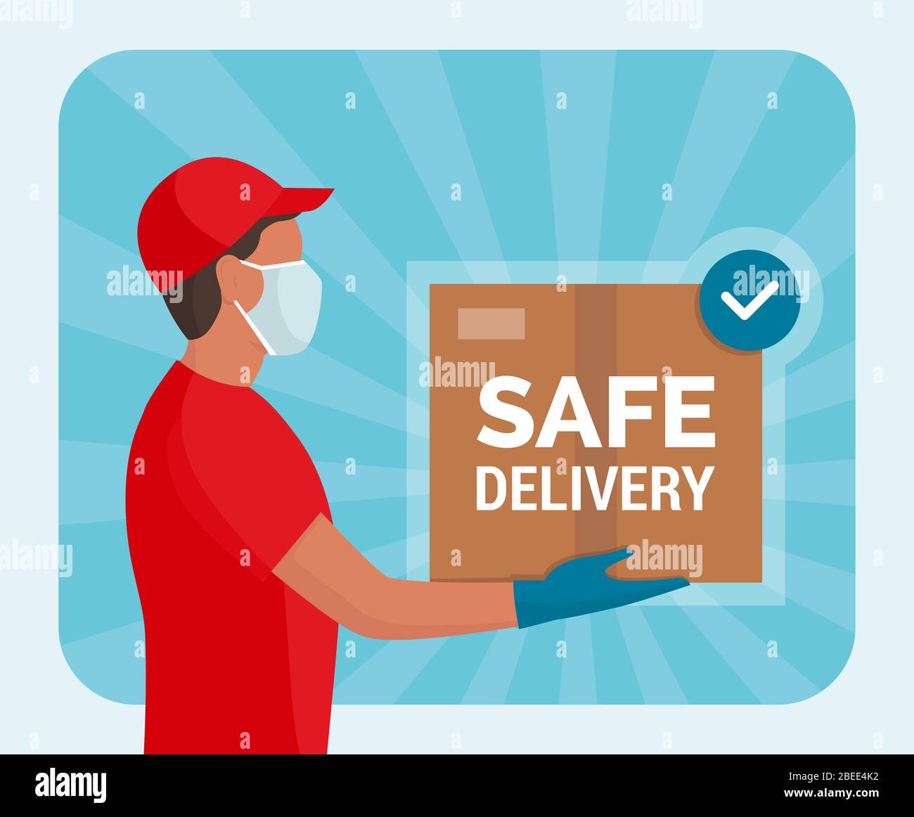 Safe home delivery during coronavirus covid-19 epidemic: man wearing gloves and face mask while delivering a parcel Stock Vector