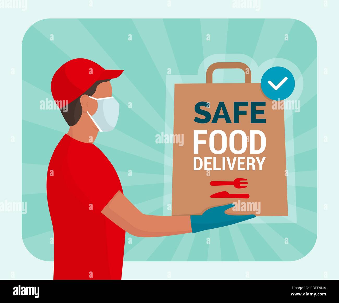 Safe food delivery at home during coronavirus covid-19 epidemic: delivery man holding a bag with fast food, he is wearing a face mask and gloves Stock Vector