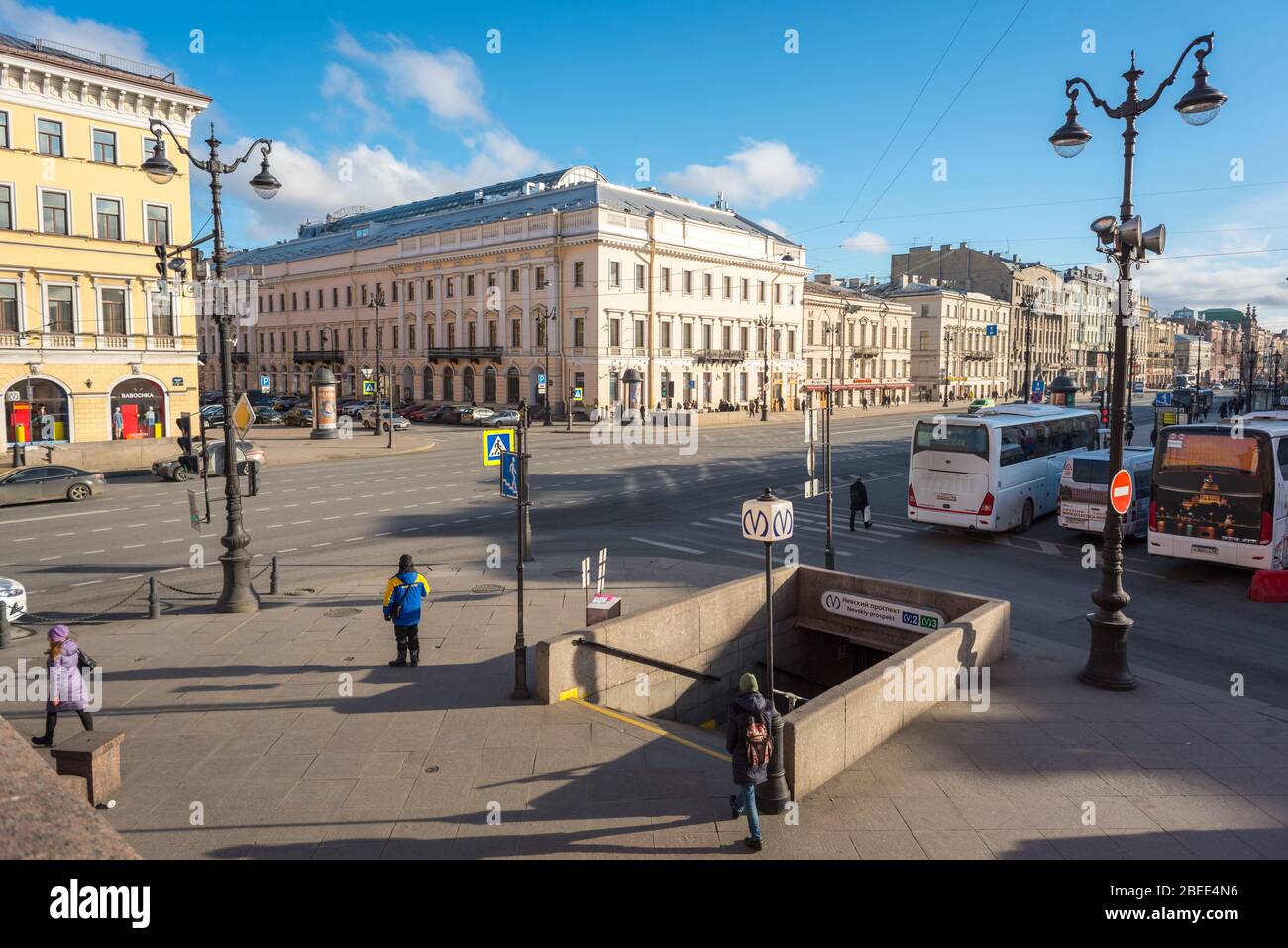 Saint Petersburg, Russia - February 27, 2020: Nevsky Prospect and an exit of Nevsky Prospekt metro station at the intersection with Dumskaya Street. Stock Photo