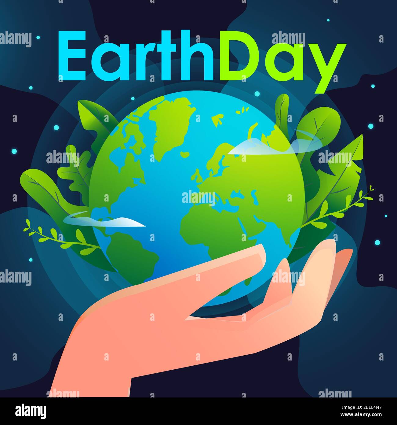 Happy Earth day. Vector hand holding the earth illustration with dark background graphic. Use for card, poster, banner, web design Stock Vector