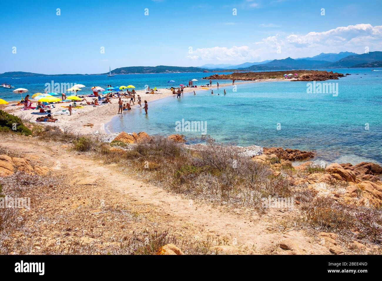Tavolara, Sardinia / Italy - 2019/07/18: Panoramic view of Spiaggia Spalmatore di Terra beach of Isola Tavolara island on Tyrrhenian Sea Stock Photo