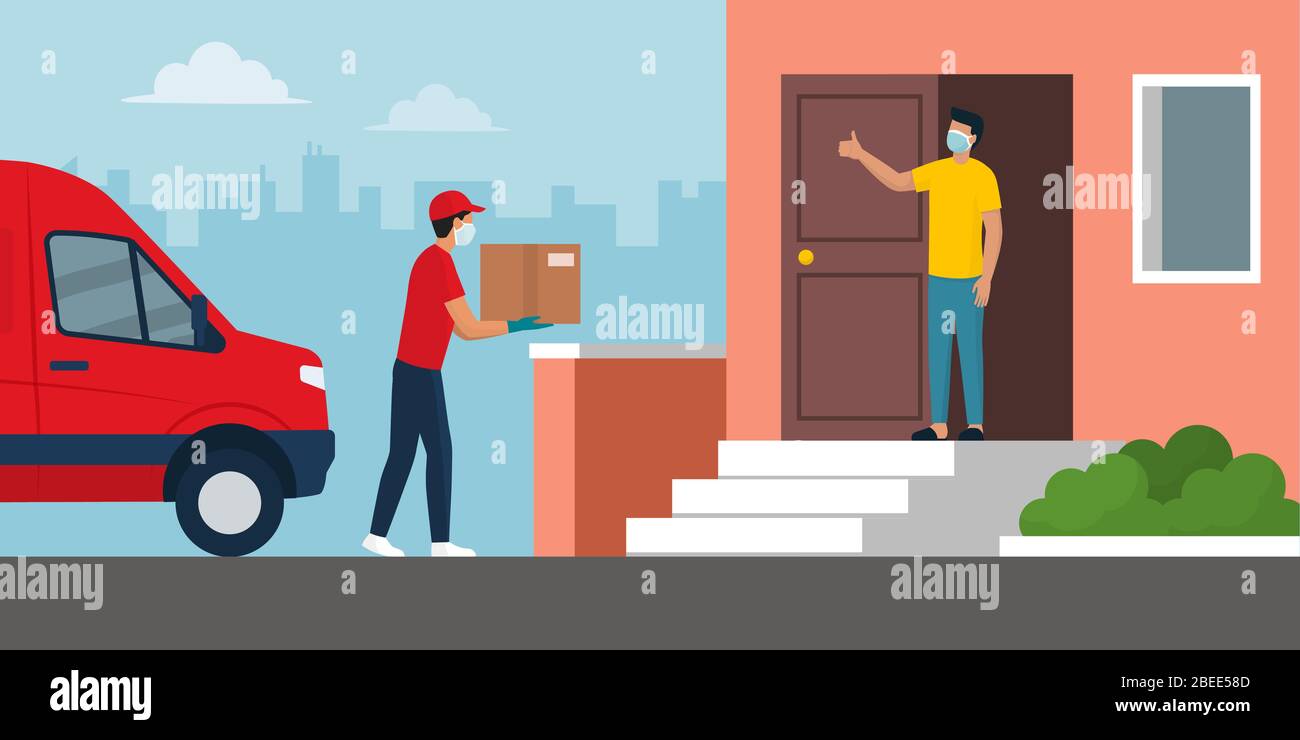 Safe home delivery during coronavirus covid-19 epidemic: man delivering a box to a customer and leaving the box at a safe distance, he is wearing mask Stock Vector