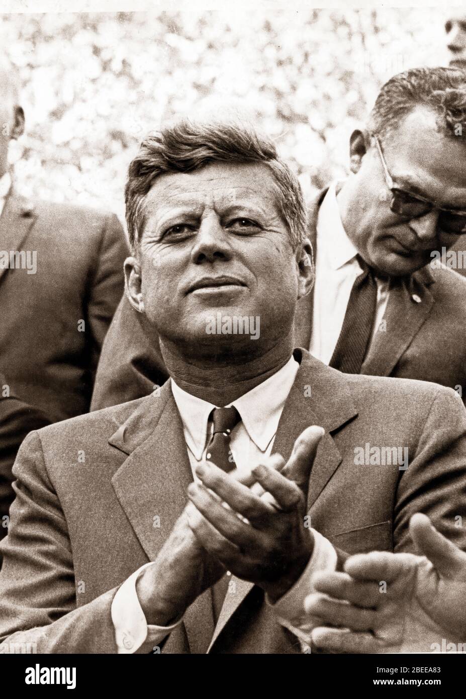 June 27, 1963 - Duganstown, Ireland, U.K. - Born into a rich, politically connected Boston family JOHN F. KENNEDY was the youngest person elected U.S. President and the first Roman Catholic to serve in that office. For many observers, his presidency came to represent the ascendance of youthful idealism in the aftermath of World War II. The promise of this energetic and telegenic leader was not to be fulfilled, as he was assassinated near the end of his third year in office. His shocking death stood at the forefront of a period of political and social instability in the country and the world. P Stock Photo
