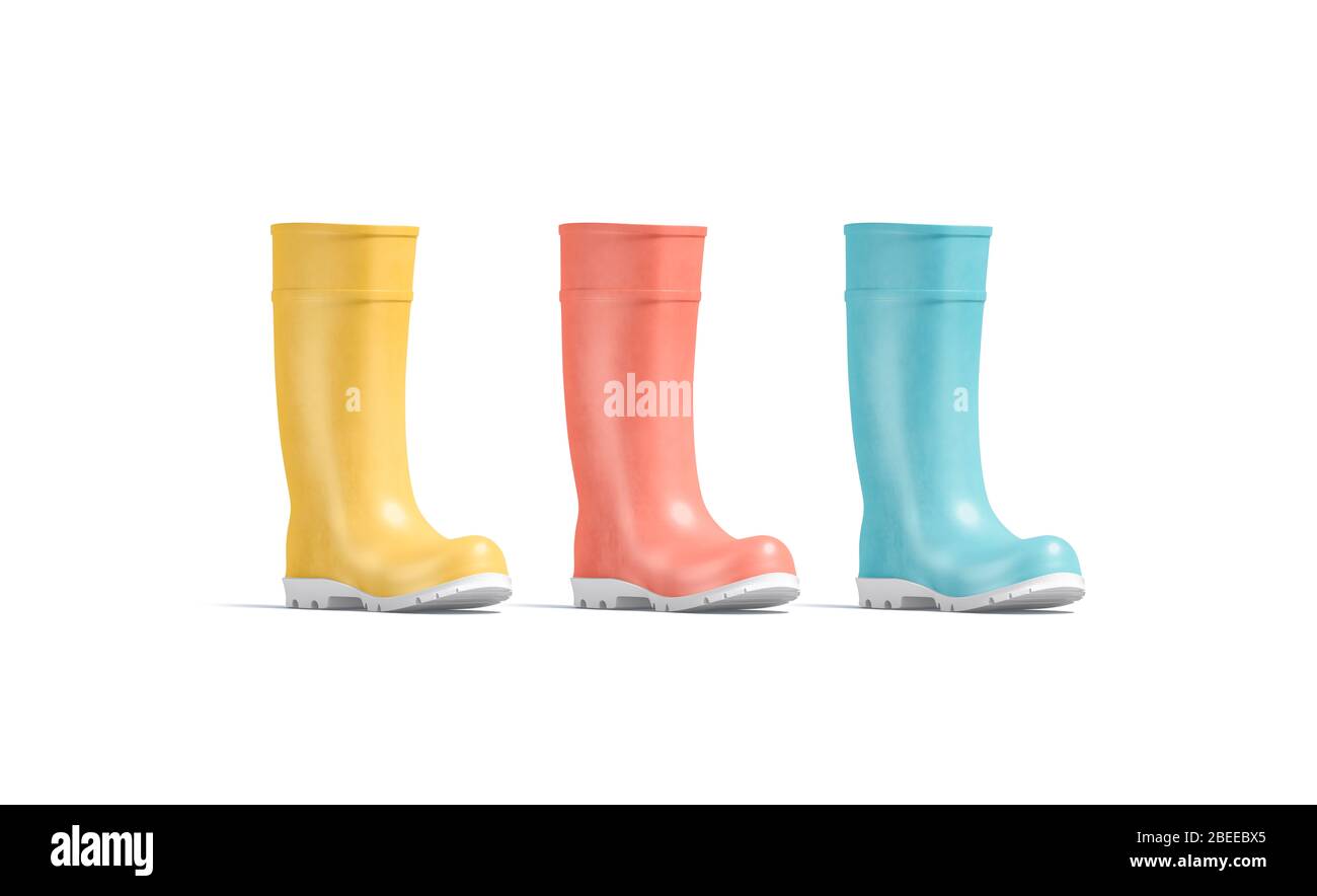 Blank colored rubber wellington boots mockup, half-turned view Stock Photo
