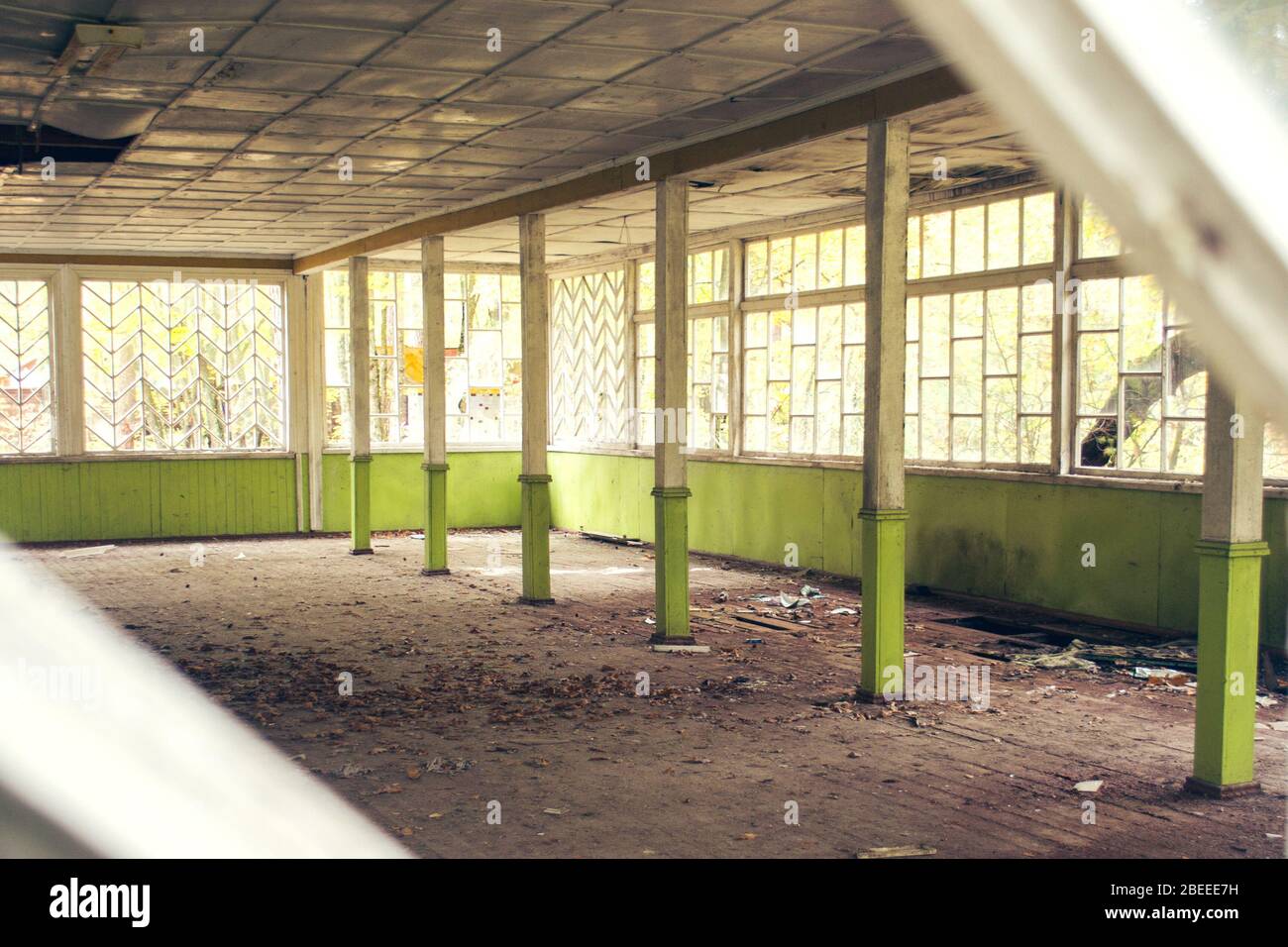 Old broken abandoned wooden room with large windows in the forest Stock ...