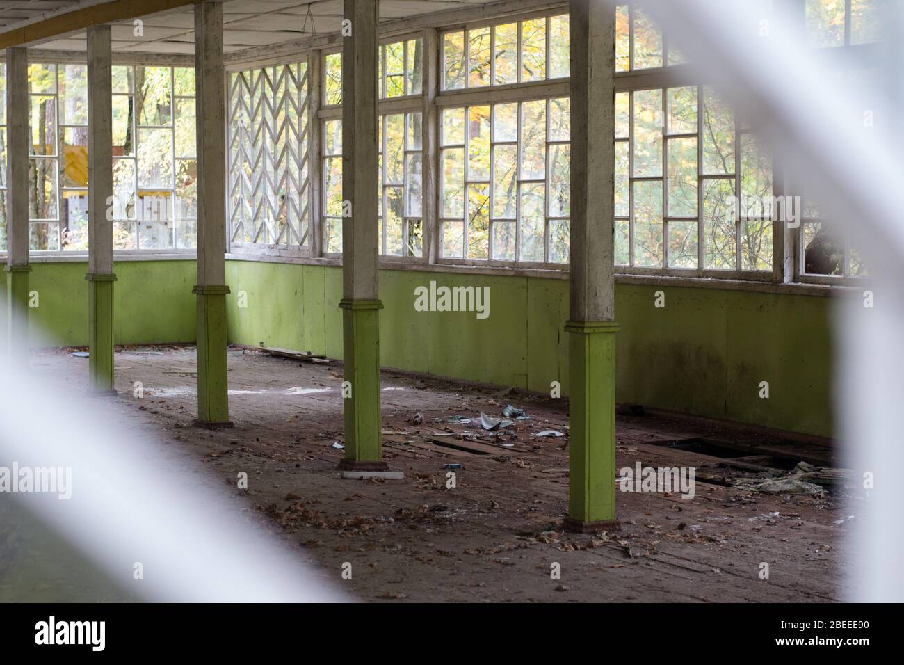 Old broken abandoned wooden room with large windows in the forest Stock ...