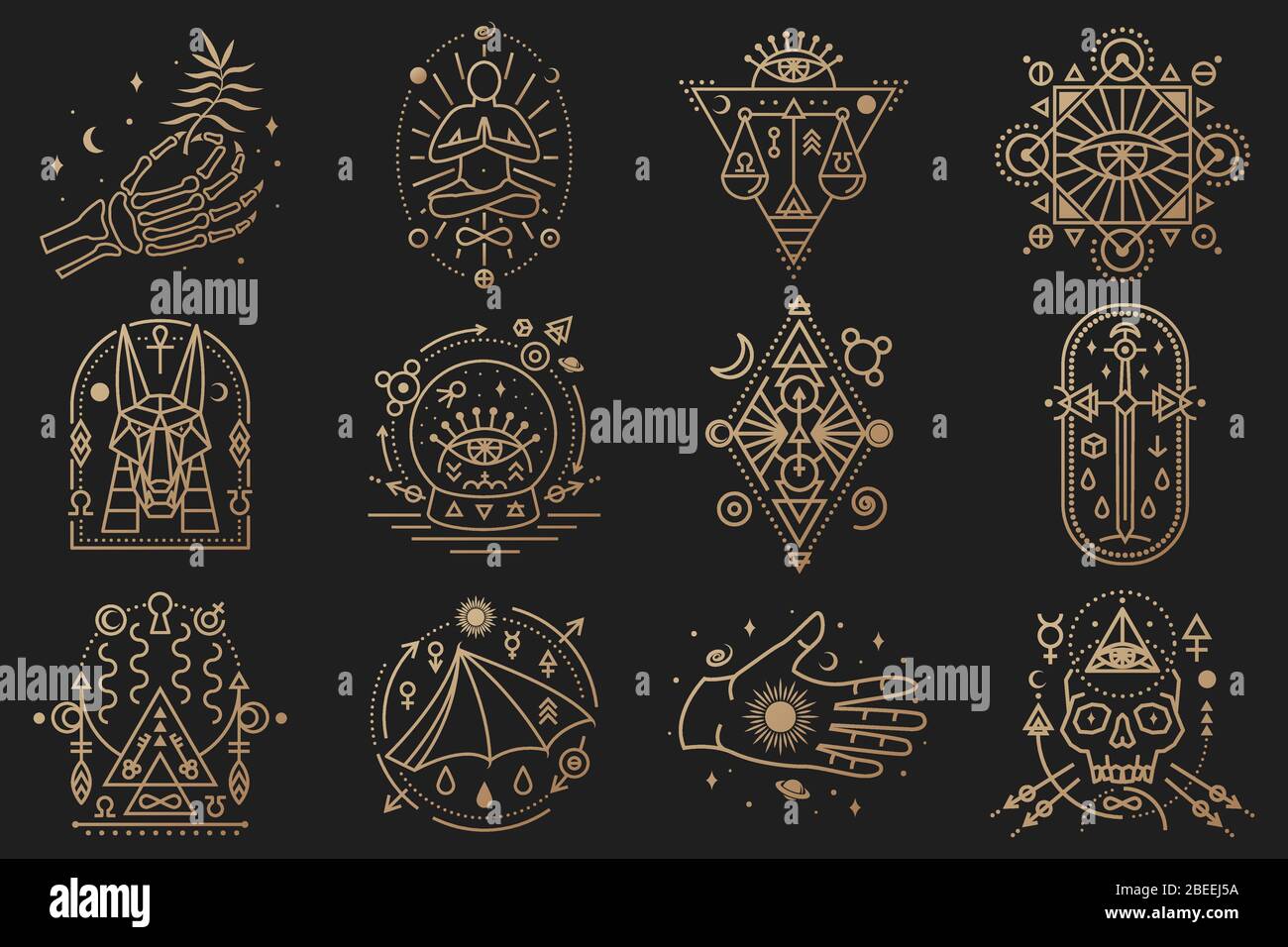 Esoteric symbols. Vector. Thin line geometric badge. Outline icon for alchemy, tarot cards, sacred geometry. Mystic, magic design with stars, skull, gate to another world, moon, human skeleton hand Stock Vector